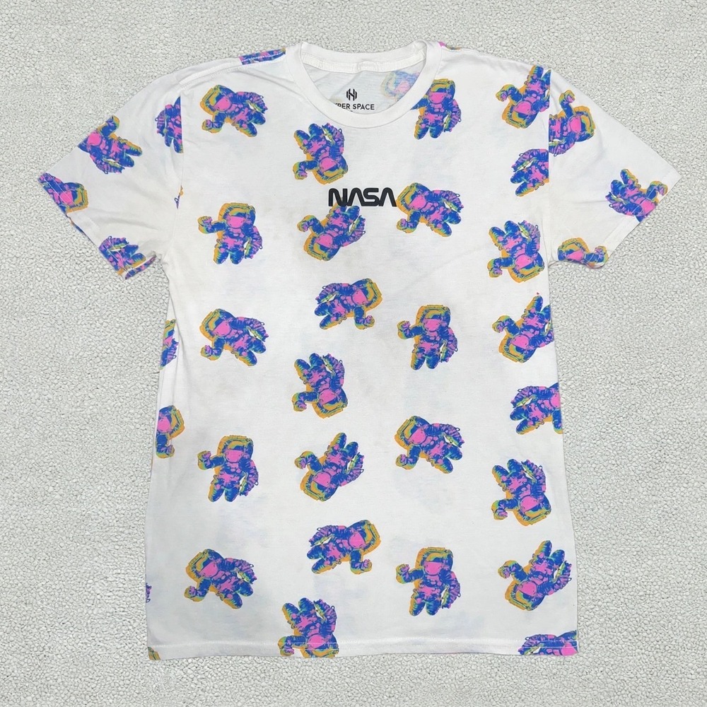 NASA Hyper Space Kids Youth S T Shirt White Neon Astronaut All Over Print Tee